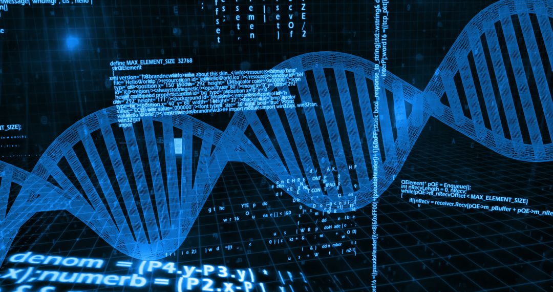 Digital DNA Strand with Data and Interface Elements on Black Background