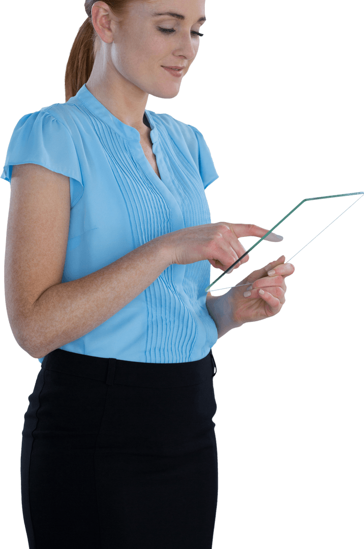Transparent Interface: Businesswoman Engaging with Virtual Tablet