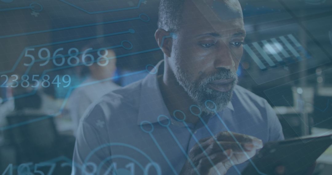 Businessman Analyzing Data on Tablet in Digital Environment