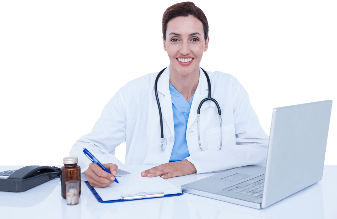Transparent Female Doctor Smiling and Taking Notes at Desk