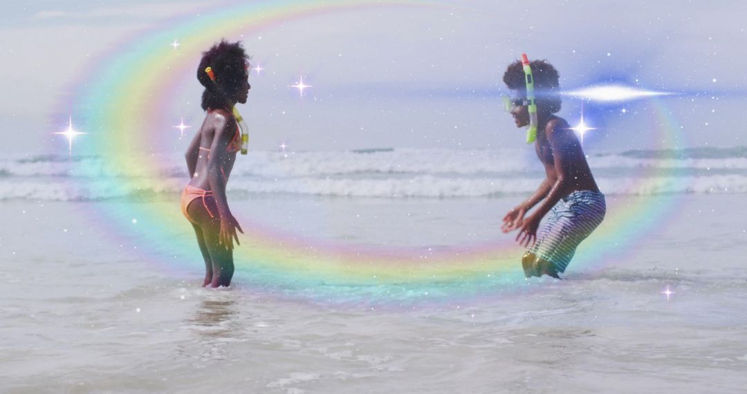 Children Playing on Beach with Rainbow and Snorkels in Vibrant Scene