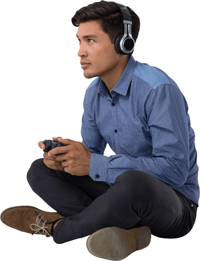 Focused Young Man with Headphones Relaxed and Playing Video Games Transparent