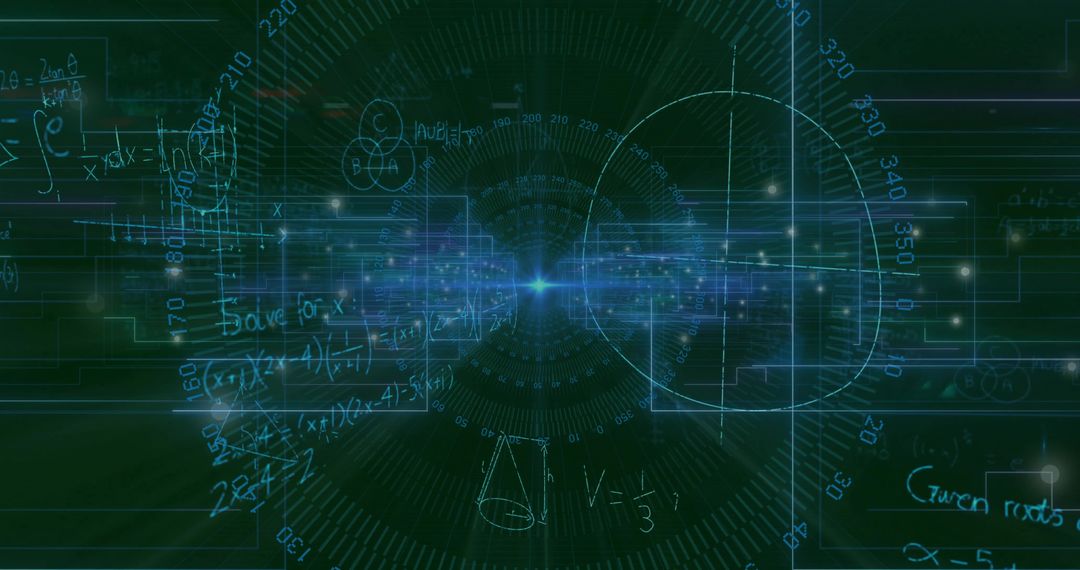 Futuristic Data Interface with Glowing Equations and Radial Patterns