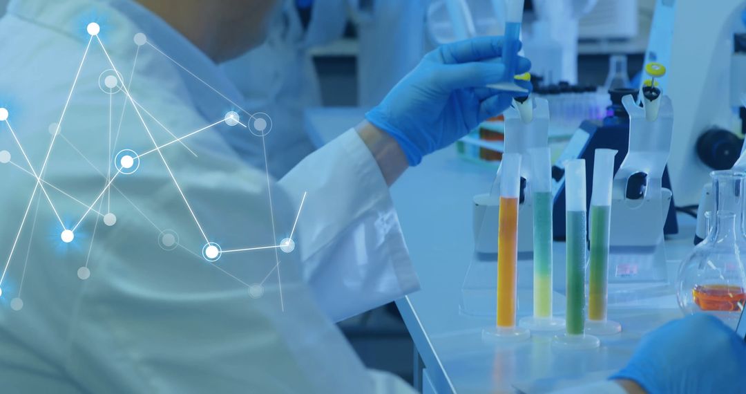 Diverse Scientists Analyzing Colorful Samples with Networking Overlay