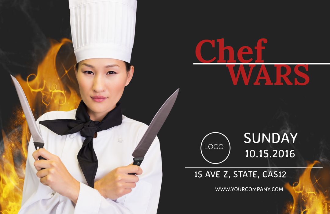 Confident Chef with Flaming Knives for Culinary Competition Promotion