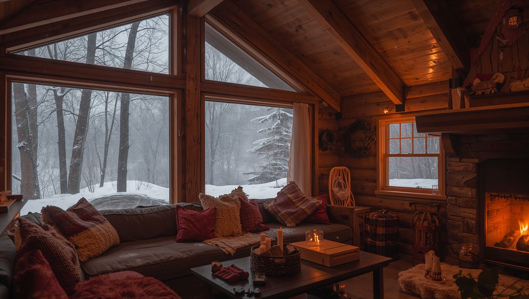 Cozy Rustic Cabin Interior with Fireplace and Snowy Window Views for Winter Retreat