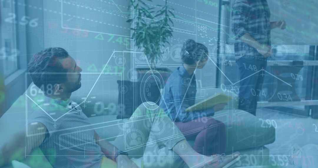 Financial Data Analysis Overlaid on Diverse Business Team in Office