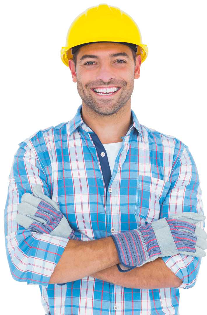 Smiling Construction Worker with Crossed Arms on Transparent Background