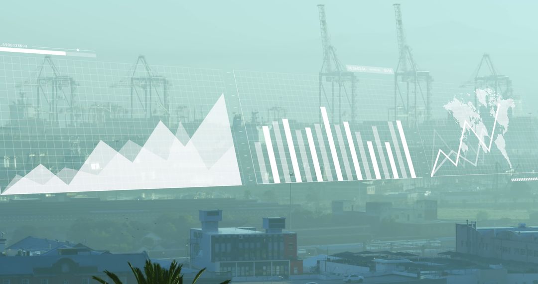 Floating Statistical Data Above Urban Cityscape Background