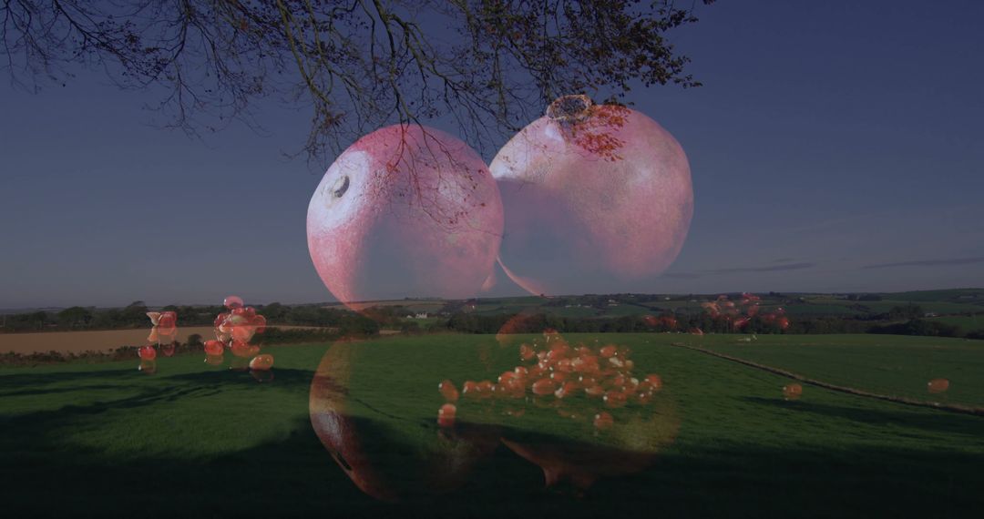 Translucent Fruits Hovering Over Serene Pasture