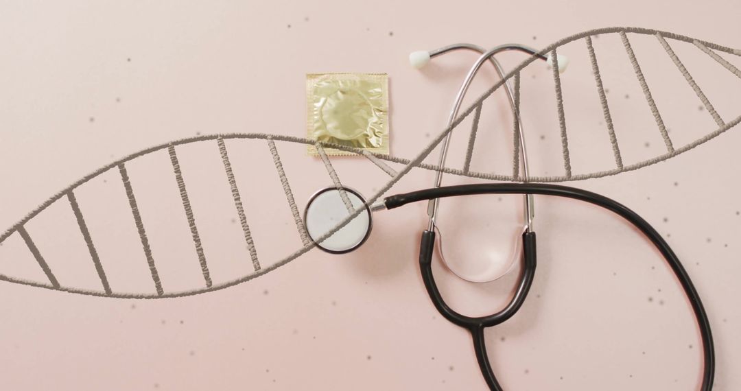 DNA Specimen Concept with Stethoscope and Condom on Pink Background