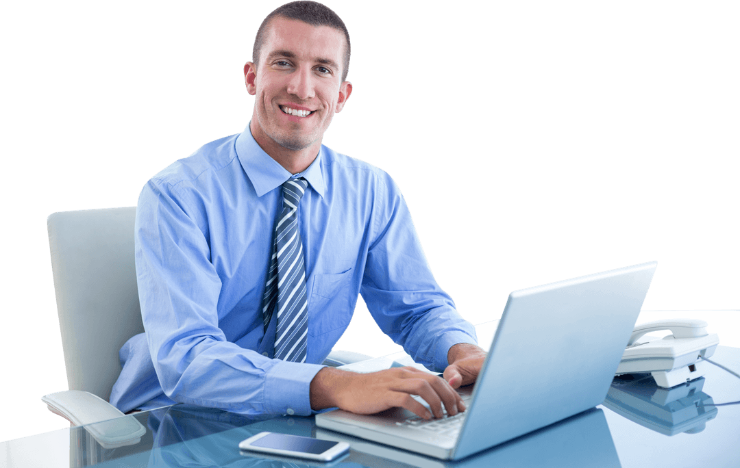 Transparent Businessman Smiling While Working on Laptop in Office