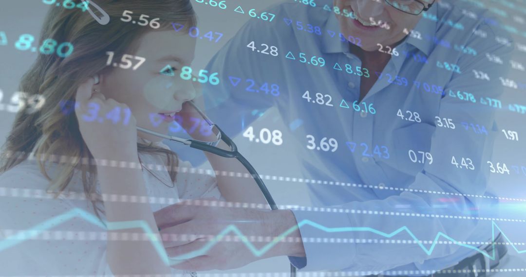 Child Listening to Heart while Doctor Using Stethoscope overlaid with Financial Data