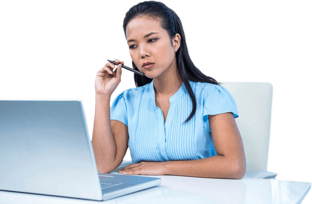 Thoughtful Businesswoman Working on Laptop with Transparent Background