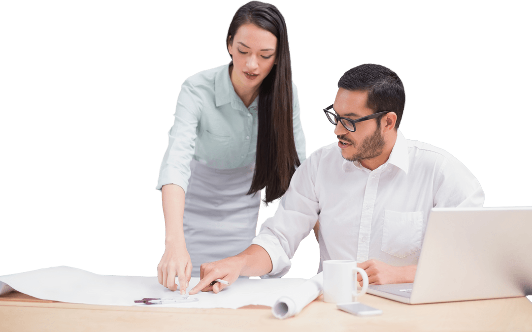 Transparent Collaboration of Architects with Blueprint and Laptop