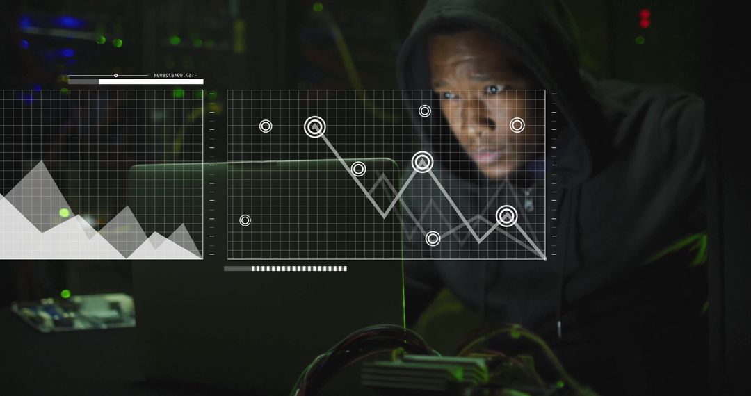 Hooded Hacker Analyzing Financial Charts in Server Room