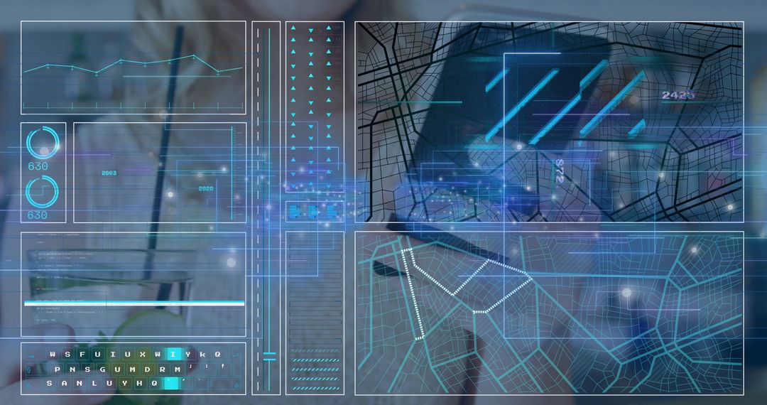 Futuristic Digital Dashboard Interface on Laptop in Office