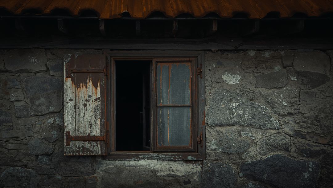 Weathered Window on Rustic Stone Facade