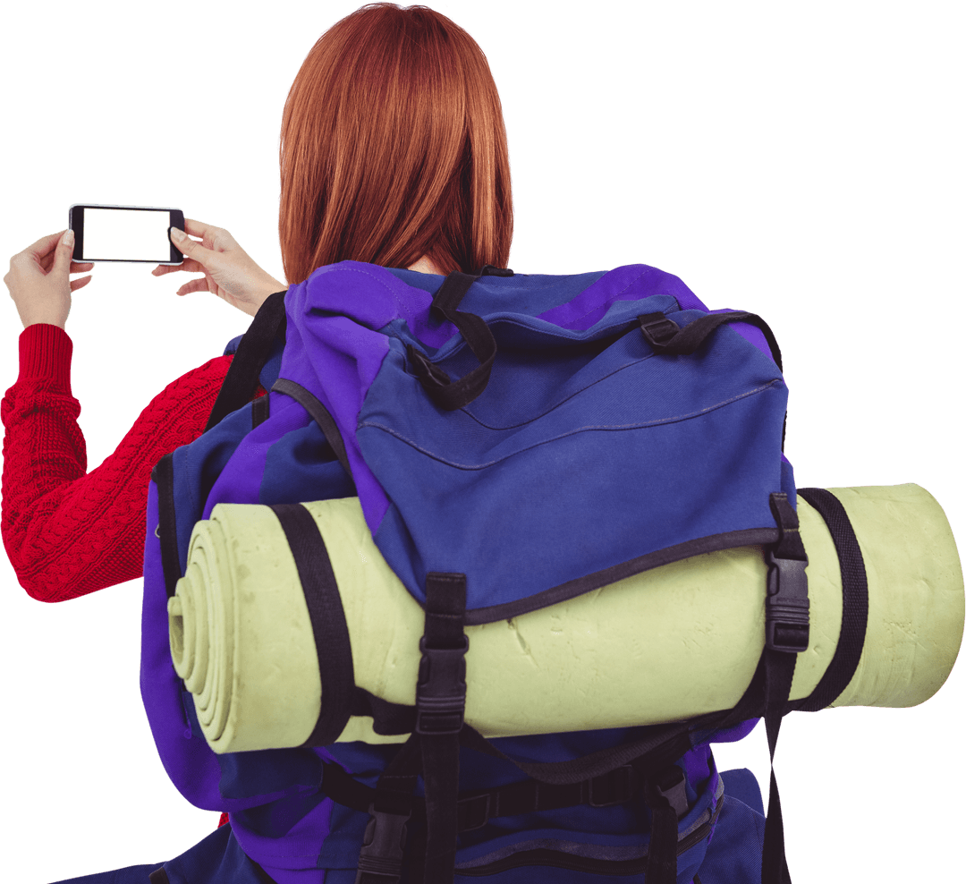 Backpacking Traveler with Transparent Smartphone Screen