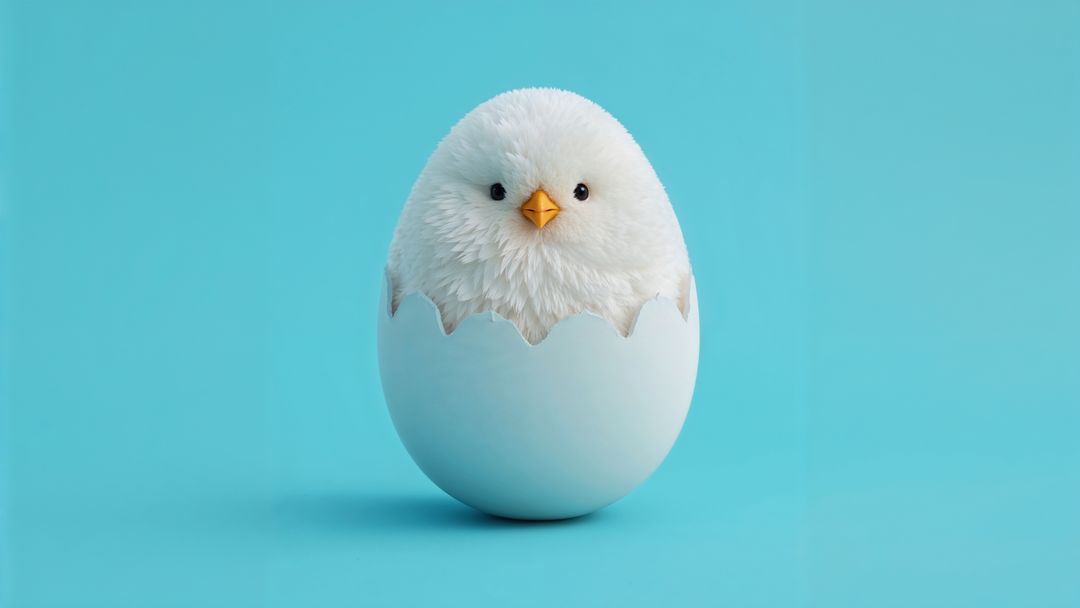 Adorable fluffy cartoon chicken emerging from eggshell on blue background