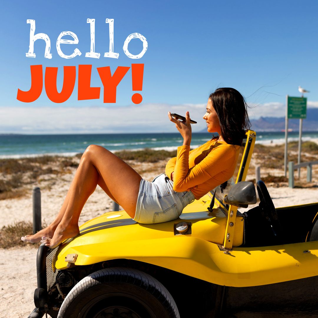 Young Woman Enjoying Beach in Convertible for July Greetings