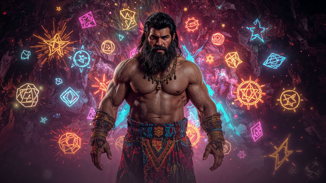 Mythical caveman warrior in cavern surrounded by glowing neon symbols