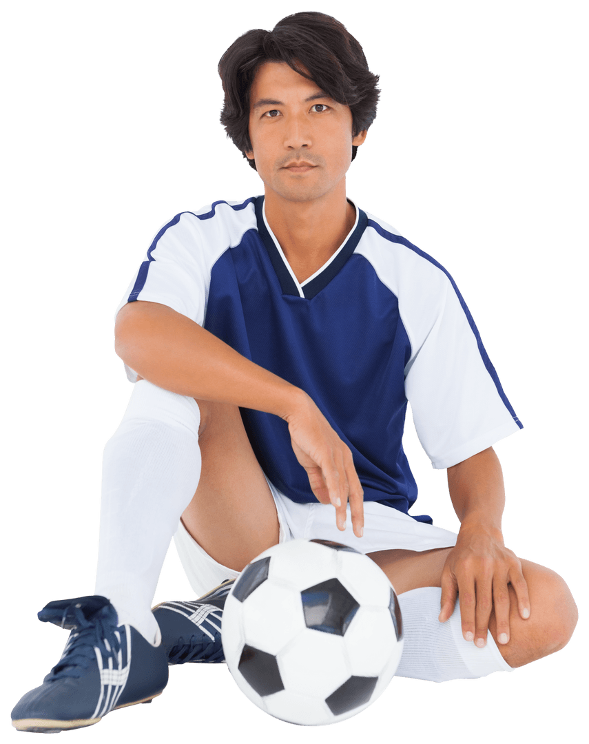 Confident Soccer Player Sitting with Soccer Ball Transparent Backdrop