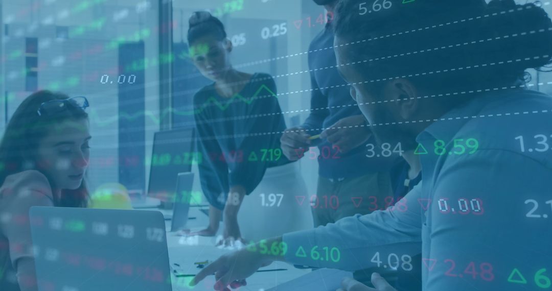 Diverse Team Meeting with Financial Data Overlay