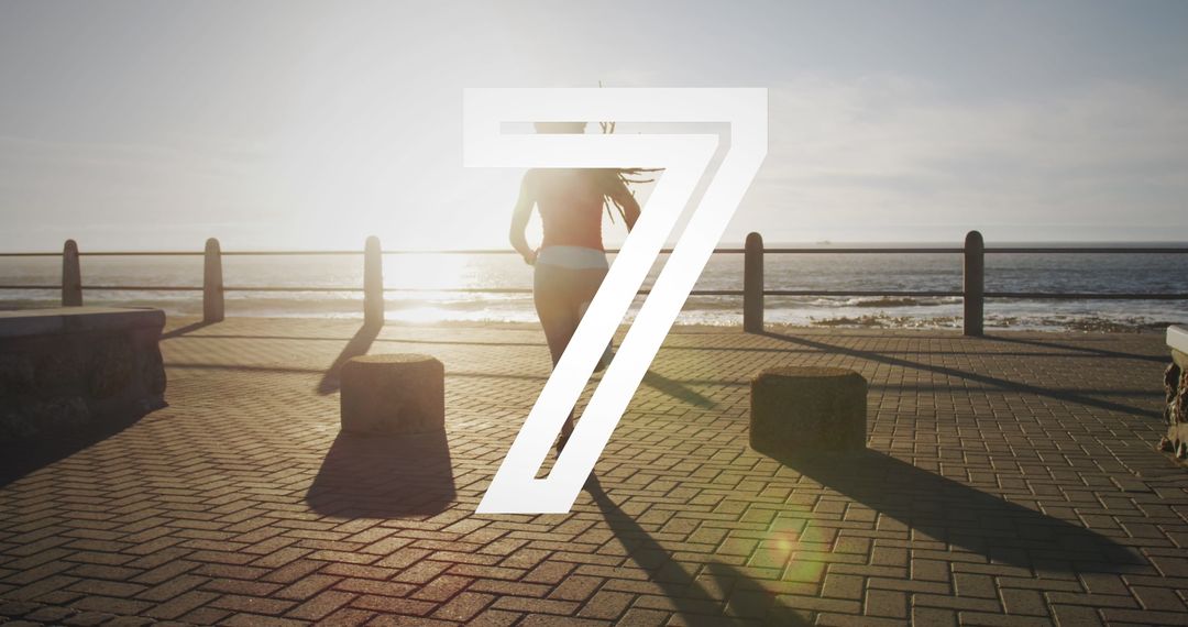 Woman Running on Ocean Promenade with Countdown Overlay