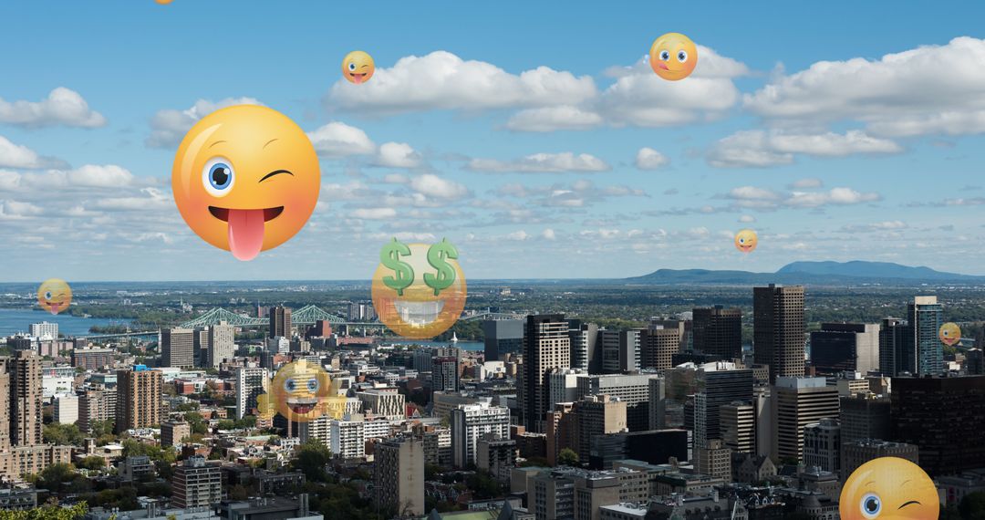 Surreal Cityscape with Floating Emoji Icons