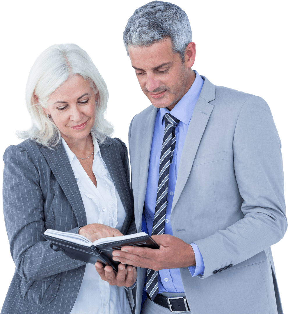 Transparent Business Professionals with Notebook Discussing Plans