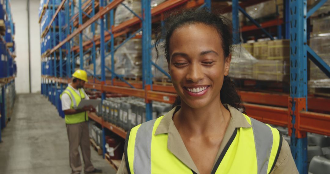 Smiling Female Warehouse Worker Wearing Safety Vest in Storage Facility - Free Images, Stock Photos and Pictures on Pikwizard.com