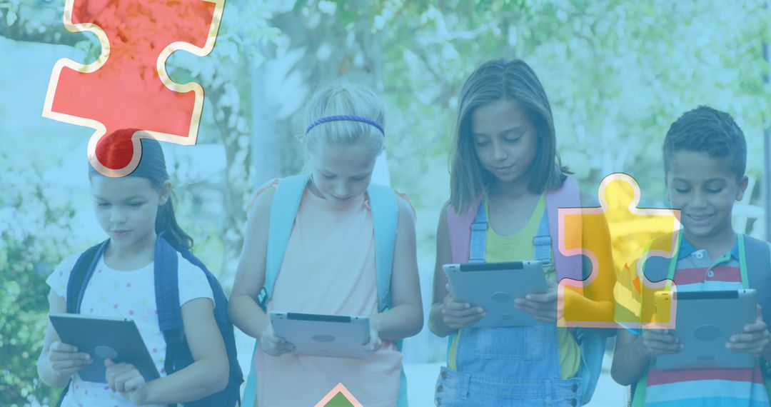 Inclusive Education Concept with Children Using Tablets and Puzzle Pieces