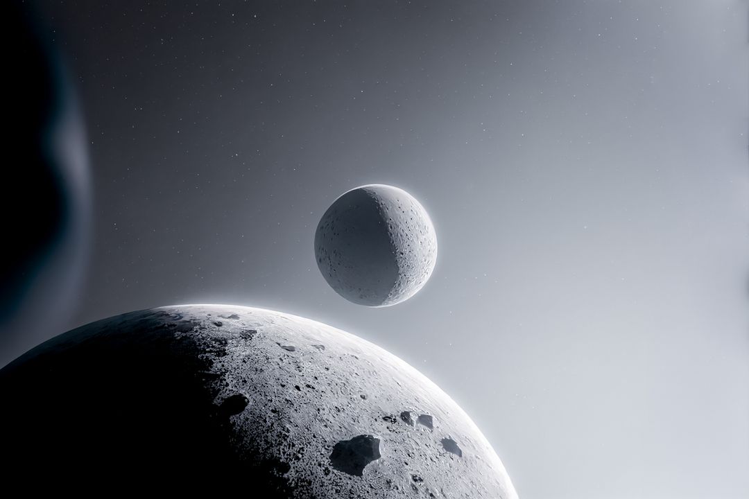 Surreal alien moonscape with two planets floating in deep universe space
