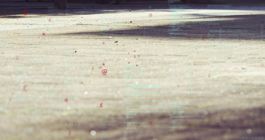 Futuristic Digital Code Hovering Above Quiet Courtyard