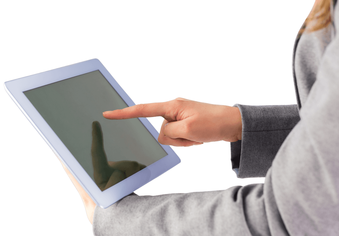 Businesswoman Using Transparent Tablet with Touch Gesture