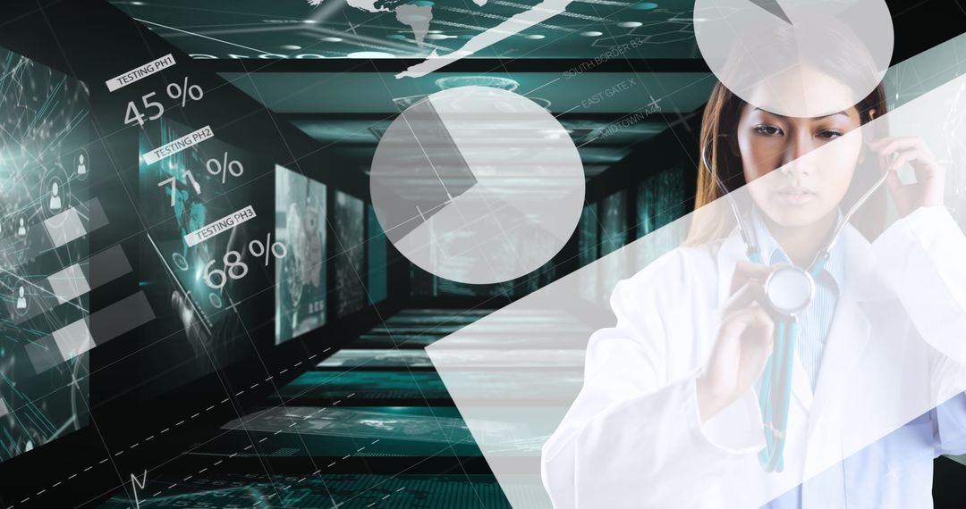 Doctor Visualizing Data in Futuristic Technological Corridor