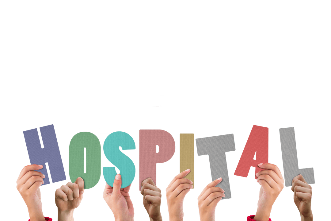 Hands Holding Hospital Text on Transparent Background