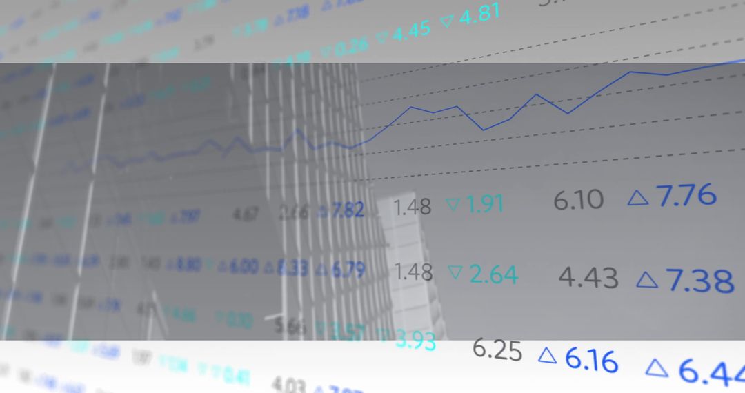 Futuristic Financial Data Overlay on Urban Skyscraper Facade
