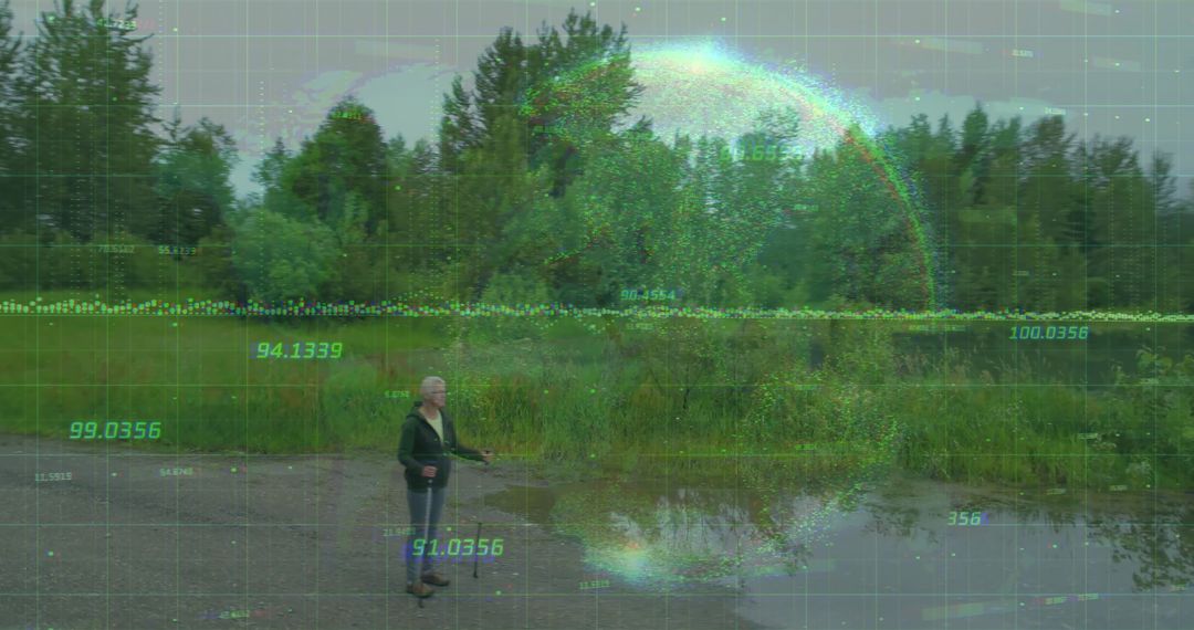 Woman Exploring Nature with Digital Data Overlay Concept