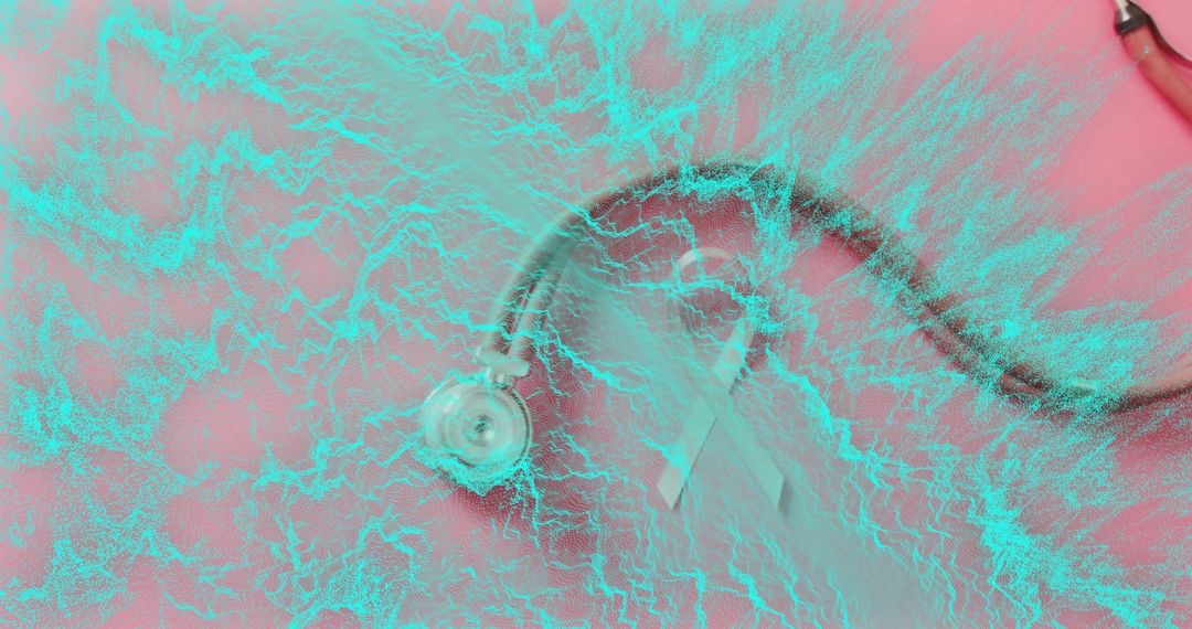 Stethoscope and Pink Ribbon Featuring Turquoise Texture Overlay for Health Campaign