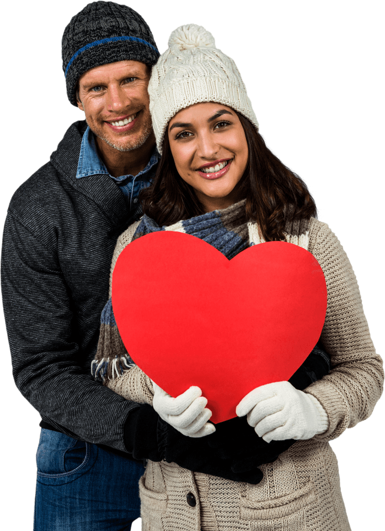 Happy Couple Holding Red Heart Transparent Background Love Concept