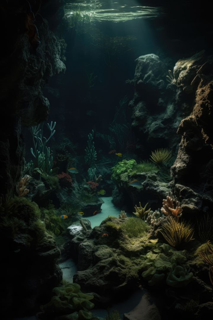 Rays of sunlight, fish and plant life in underwater cave, created using generative ai technology - Free Images, Stock Photos and Pictures on Pikwizard.com
