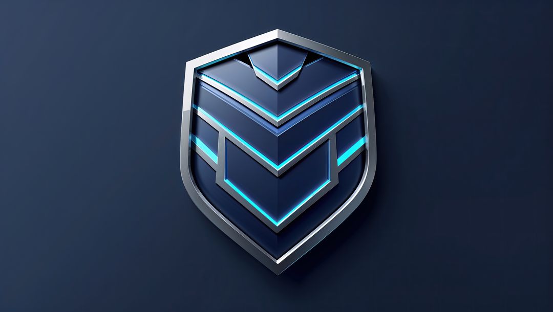 Futuristic Metallic Shield Emblem with Neon Cyan Strips