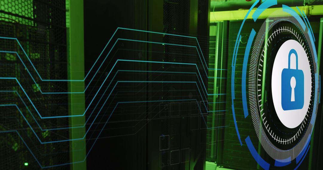 Data Security Technology with Padlock Icon in Server Room