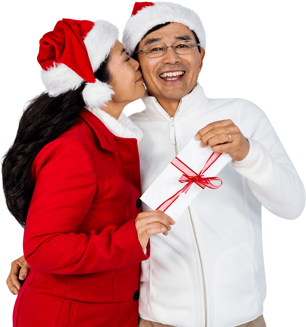 Happy Senior Couple Exchanging Christmas Gift with Transparency Effect