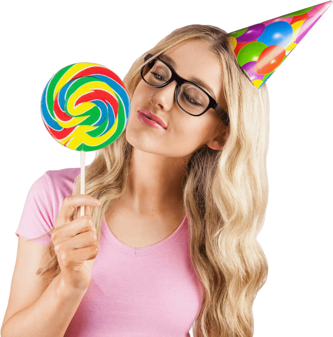 Smiling Woman in Party Hat Holding Giant Lollipop on Transparent Background