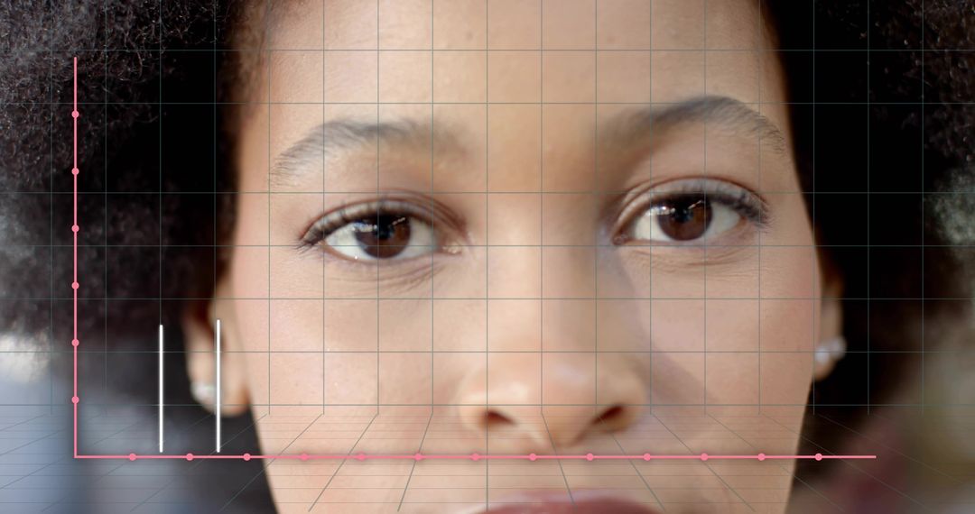 Closeup woman wearing stud earrings looking at camera with grid overlay and pink plot