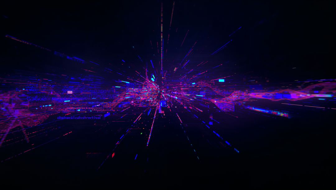 Futuristic Neon Glitch Digital Grid with Pixel Streams