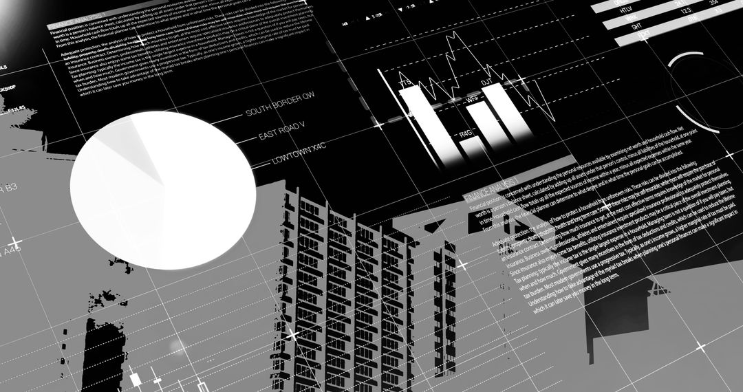 Abstract Financial Data Overlay with Cityscape Elements